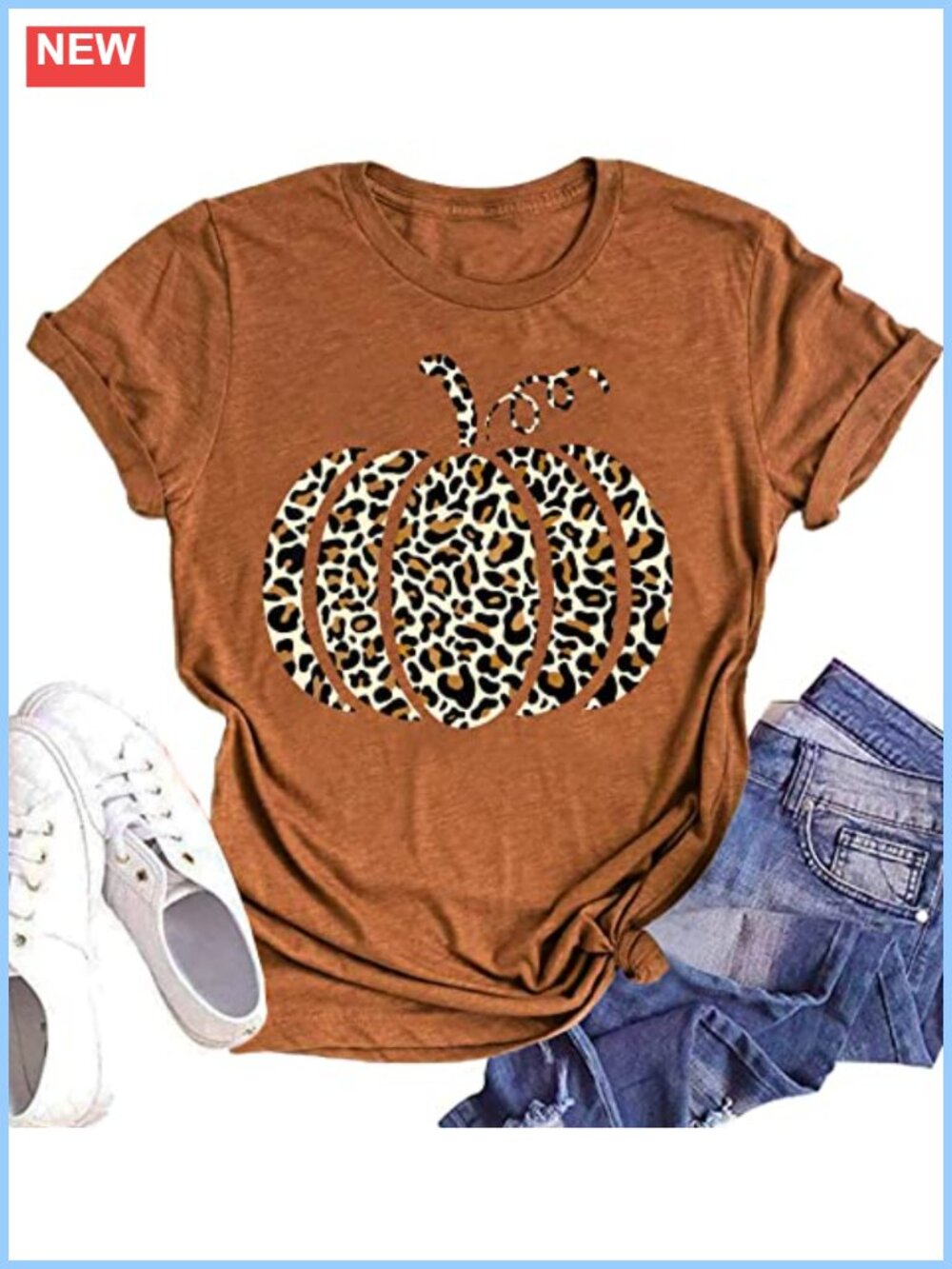 Pumpkin Graphic Tee Womens Leopard Print Short Sleeve Fall Halloween T-Shirt